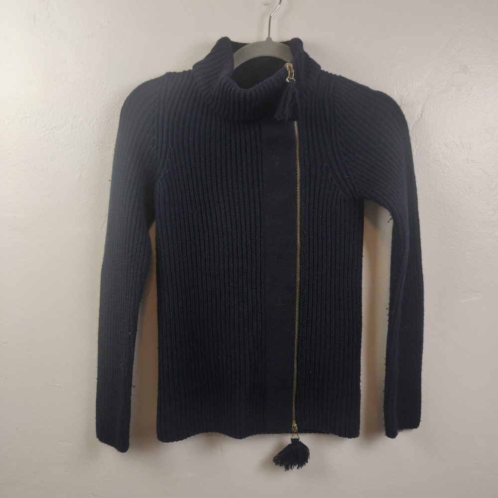 Vintage Emporio Armani Sweater Womens 4 Navy Blue Ribbed Asymmetrical Zip Tassel - Picture 2 of 11